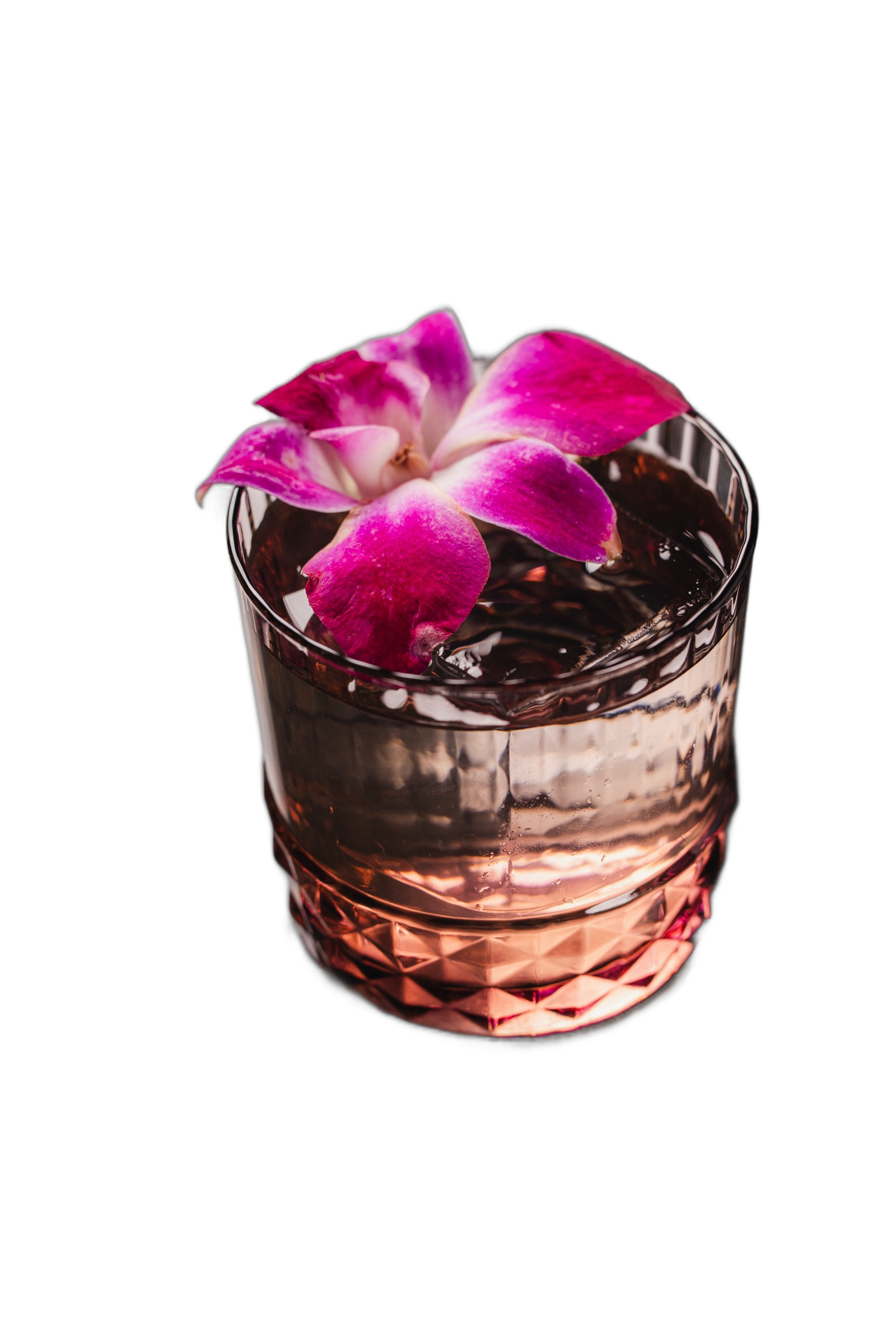 Rose-hued cocktail crowned with an orchid — photographed by Daniel Kamen